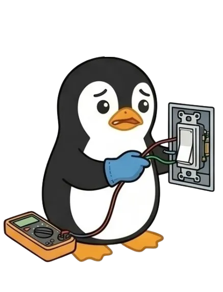 Joe the penguin standing next to a tripped electrical breaker, looking surprised