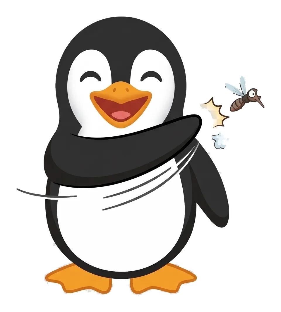 Joe the penguin in front of a magnetic mosquito curtain hung in a garage doorway