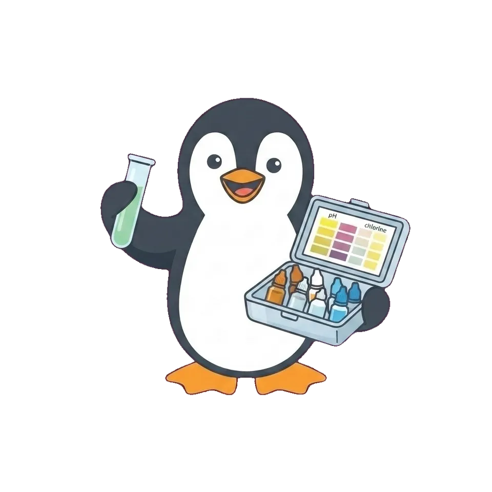 Joe the penguin holding a Trouble Free Pool test kit at the edge of a pool