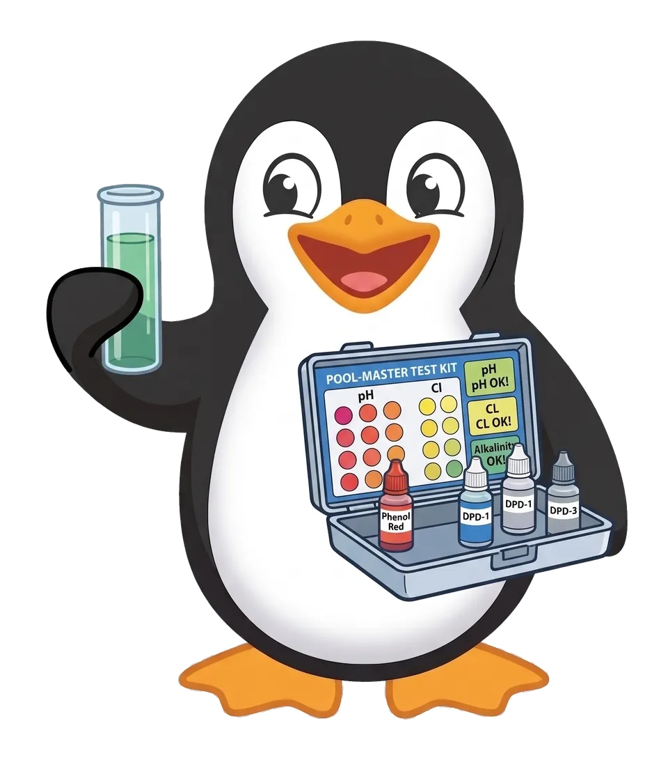 Joe the penguin holding a Trouble Free Pool test kit at the edge of a pool