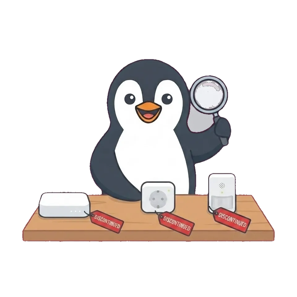 Joe the penguin holding a magnifying glass, examining three generic smart home devices tagged DISCONTINUED on a table