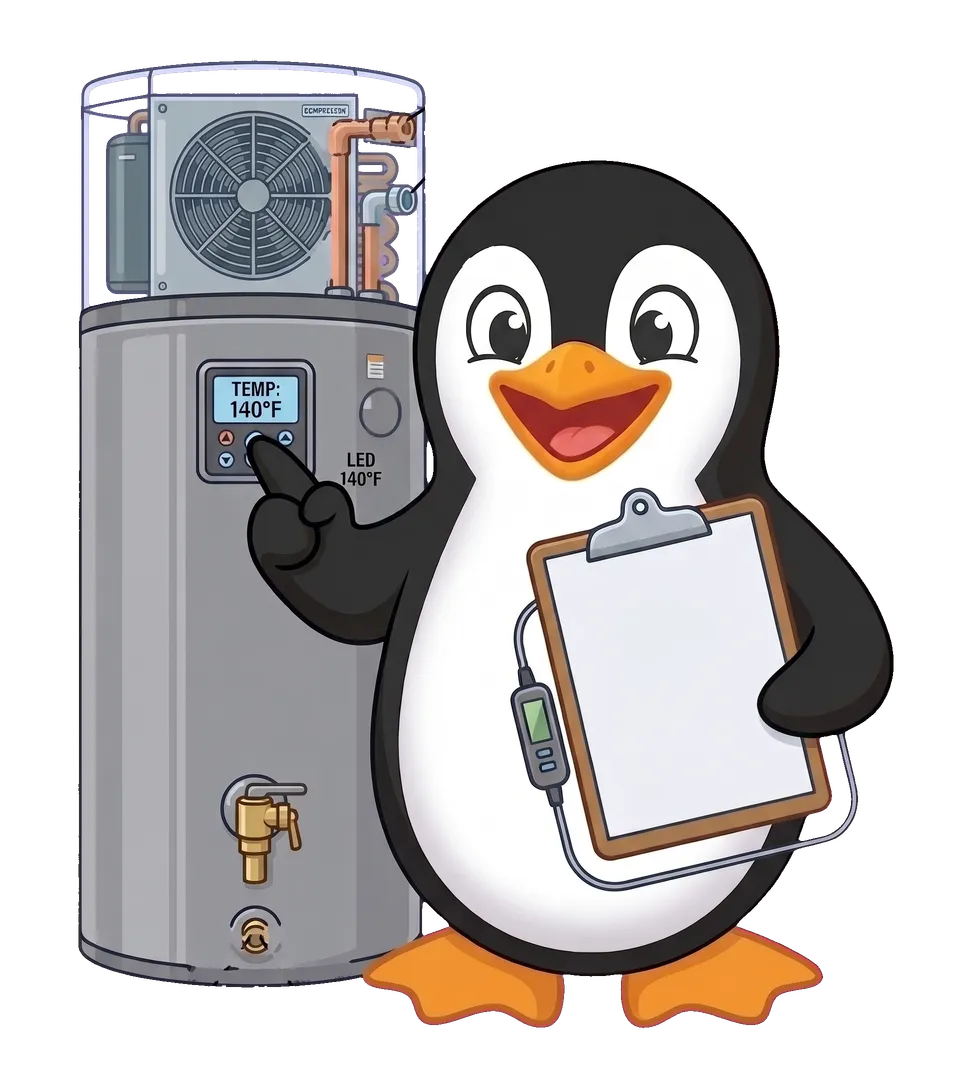 Joe the penguin standing next to a heat pump water heater in a garage
