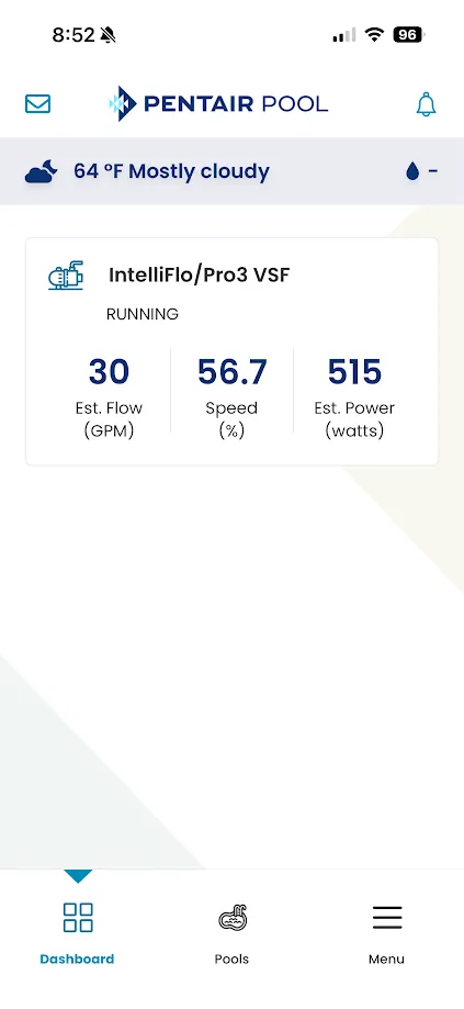 Caught running at a low filtering speed: 30 GPM, and just 515 watts.
