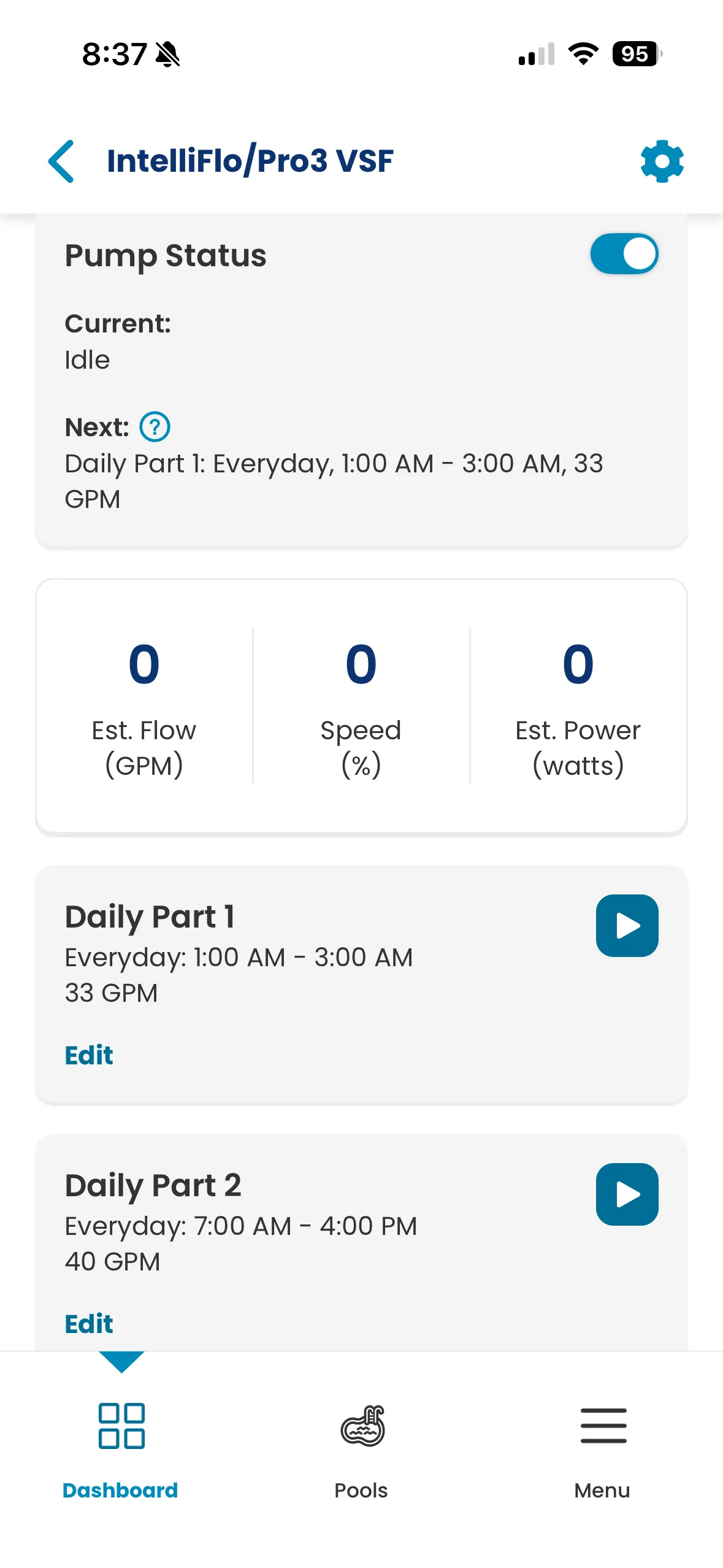 My pump schedule in the app. The 1 to 3 am and 7 am to 4 pm runs both sit in off-peak hours, and it shuts off before the 4 pm peak.
